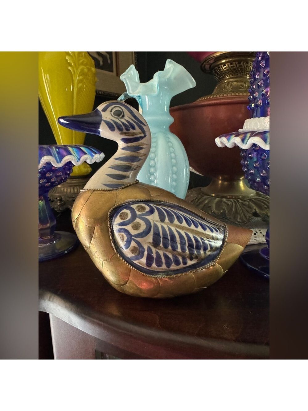 Hand-Painted Ceramic Pottery & Brass Decorative Duck Figurine
